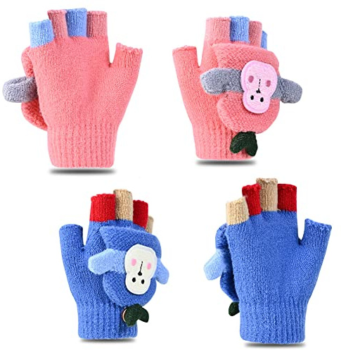 Gants Enfants Sans Doigts, 2 Paires Tricotés D’Hiver D’Enfants Gants Convertible Flip Top Dessin animé Gants Automne Hiver Gants Demi-Doigts Gants à écran Tactile Chaud pour garçons Filles 2-7 Ans