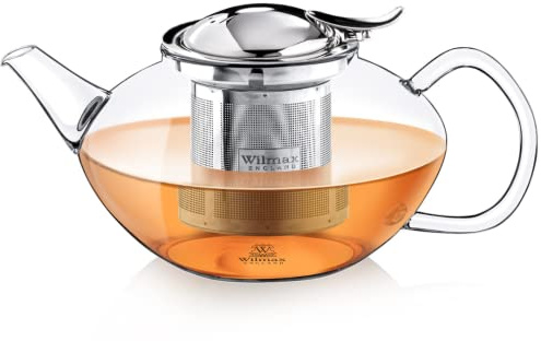 Wilmax | Teekanne Glas mit Siebeinsatz | Teapot | 1550 ml | Glaskanne für Teeblumen | Teezubereiter für losen Tee | Kanne mit Edelstahl-Deckel | Spülmaschinenfest | Tropffrei | Geschenkenset