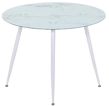 MOG CASA Mesa de Comedor Fija Redonda Corin | 100 x 100 x 75 cm | Ideal para Cocina o Salón | Ideal para 3 a 4 Personas | Tablero con Efecto Mármol Blanco | Patas de Metal en Blanco