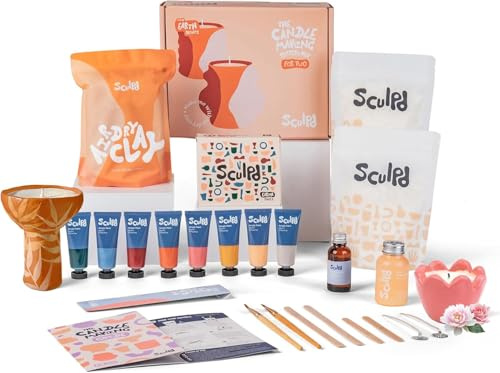 Sculpd Kerzenherstellung Töpferei Kit mit lufttrockenem Ton und Acrylfarbe Set, Anfänger Kerze Starter Kit für Erwachsene mit ungiftigem Öko-Sojawachs, duftendem Duftöl, Kerzenlack, Werkzeugen und