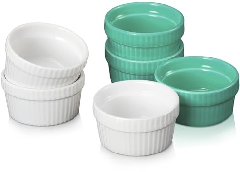 Vidalenta Lot de 6 mini ramequins en céramique de 42,5 g – Assiettes à soufflé et condiments en porcelaine pour planche à charcuterie, micro-ondes et four, blanc et vert