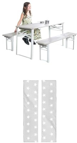 roba Outdoor Party-Garnitur für Kinder Holz FSC- 2 Bänke + 1 Kindertisch Grau lasiert Bankauflage für Kinderpartybänke - 2er Sitzkissen-Set, grau Weiss