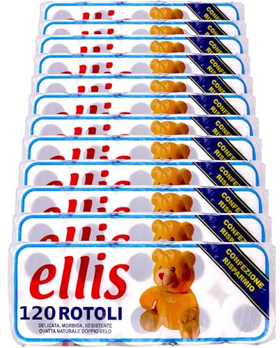 Carta Igienica 2 Veli 120 Rotoli Ellis (12 Pacchi da 10 Rotoli) - Pura Cellulosa Bianca, Morbida e Resistente, Trapuntata, Goffrata, Non Profumata, per Pelle Sensibile, Confezione Risparmio