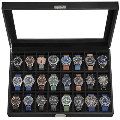 SONGMICS 24-Slot Watch Box, Lockable Watch Storage Case with Glass Lid, Gift Idea, Ink Black Synthetic Leather, Ink Black Lining UJWB024B02