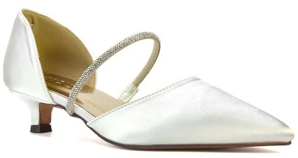 ESSEX GLAM Womens Point Toe Court Shoes Ladies Low Kitten Heel Ivory Satin Diamante Strap Bridal Party Pumps Size 7