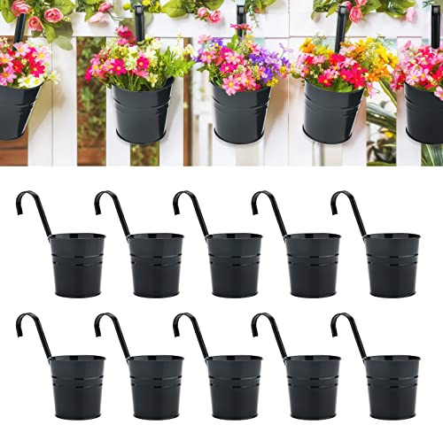 KINGLAKE 10 Stück 16CM Blumentöpfe zum Aufhängen Hängend，Schwarz Blumentopf Metall, Hängetopf mit Abnehmbarem Haken und Loch, für Balkon, Zäune, Fenster, Geländer-16X 11X 15cm