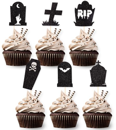 DazzJoy 24 Stück Halloween Cupcake Toppers Grabstein, Glitzer Deko Torte, Tortendeko Schwarz, Muffin Deko, RIP Kuchen Deko, Cake Toppers