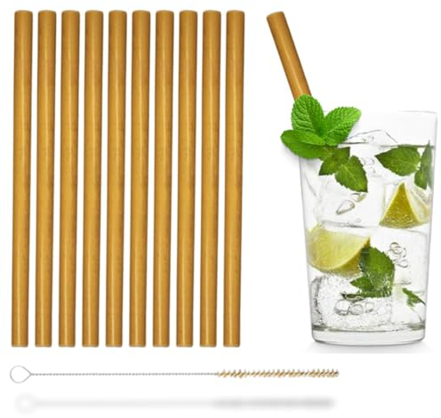HGH® 10 wiederverwendbare Strohhalme aus Bambus mit Reinigungsbürste - Strohhalm 10er Set - Flexible Trinkhalme- Mehrweg Strohhalme aus Bambus für Milch, Saft und Cocktails…