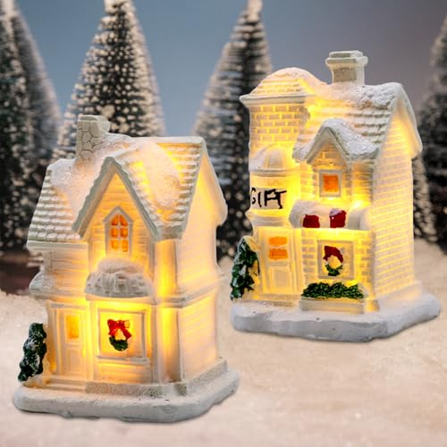 GAROMIA Weihnachtsdorf Beleuchtung Weiß 2 Stück Mini Lichthaus Gästehaus Wichtelhaus mit Licht Weihnachtshaus Deko Weihnachten Kleine Haus Deko Weihnachtsdeko Innen Mini Weihnachtsstadt Garten﻿