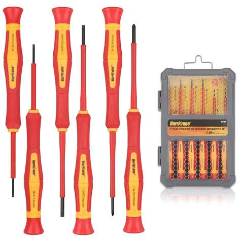 Hurricane 1000V Precision Insulated Screwdriver Set, 6 Piece Insulated Electrician Screwdriver Set with Magnetic Tips for Electrical Repairs. Slotted(1.8mm, 2.0mm, 2.5mm, 3.0mm), Phillips(PH00, PH0)