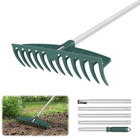 ORIENTOOLS Garden Rock Rake Heavy Duty for Yard Lawns, Gardening Rake for Leaves with 12 Steel Tines, 62 Inches Adjustable Long Handle for Soil Loosening, Yard Work