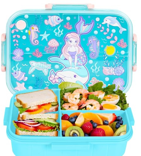 PinkSheep Bento Lunch Box per bambini, 1200 ml, senza BPA, per bambini, a prova di perdite, contenitore per alimenti con 3 scomparti, torna alle scuole scolastiche, ragazze (sirena)