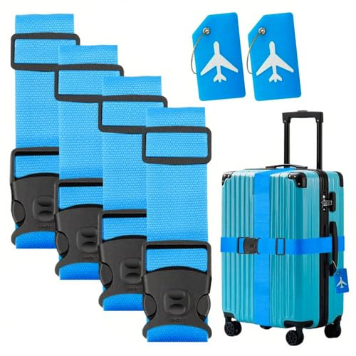 Lymshine Koffergurt 4 Stück, Kofferband Gurt Auffällig mit Gepäckanhänger, kofferbänder 2m Verstellbare, Luggage Strap für Koffer Blau