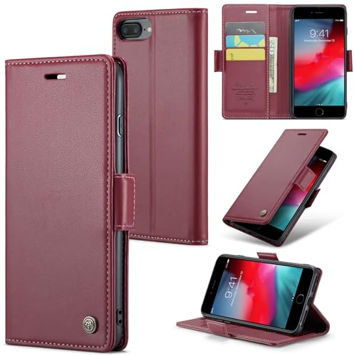 Rerzoiro for iPhone 7 Plus and iPhone 8 Plus Case, Premium PU Leather Wallet Case Flip Cover with [RFID Blocking][Card Holder][Stand Function] Protective for iPhone 7 Plus/iPhone 8 Plus, Red