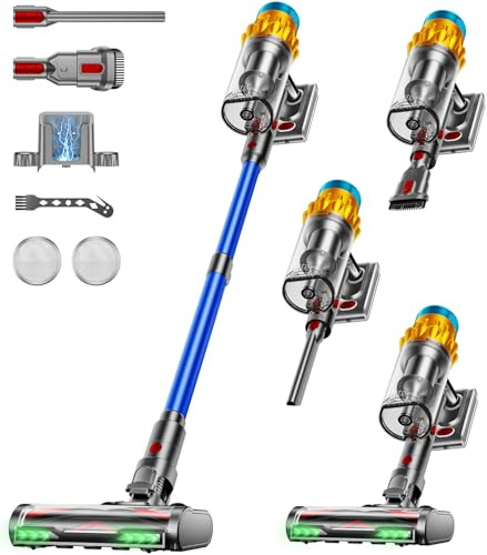 AIDTIPS Aspirapolvere Senza Fili, 600W/50KPA/70Mins Scopa Elettrica Senza Fili Potente Verticale Antigroviglio, Raccoglipolvere Senza Contatto da 1,8L, Spazzola Anti-groviglio con Luce Verde(Blu)