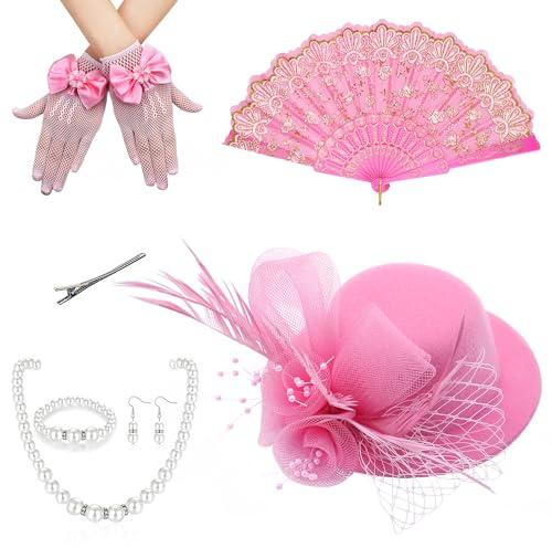 ETOFETE Fascinator Damen Kopfschmuck Karneval Haarreif Tea Party 1920er Hut mit Perlenschmuck Handfächer Spitze Handschuhe