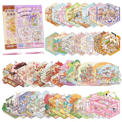 KIPEREE 40 Sets DIY 3D Scene Sticker Book – 2 Books Bundle with 40 Miniature Worlds, Reusable Sticker Scene Kit with Tweezers for Kids and Adults, Stress Relief Creative Stickers (40 Sets)