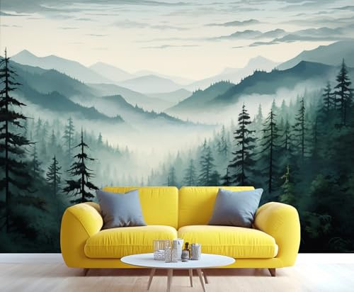 Fototapete Nebelwald, 150 x 105 cm, rauchiger Berg, Wandbild, Naturtapete für Wohnzimmer, Schlafzimmer, Wald, Wanddekoration (nicht abziehen und aufkleben)