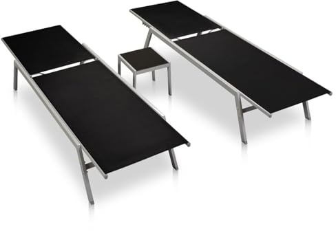 Tidyard Double Sun Lounger Set with Glass Table - Black, Steel, Textilene, Garden/Campsite Use Model48012