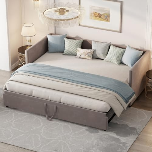 QSFCUB Tagesbett Ausziehbar 90/180x200 cm, Schlafcouch Polsterbett Ausziehbar mit Gästebett, Samtstoff Bett Ausziehbar zum Doppelbett, Schlafsofa für Erwachsene 2 Personen, ohne Matratze (Grau-AE02)