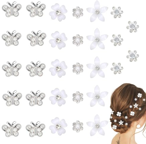Set di 30 Fermagli per Capelli con Fiori e Strass, Piccole Mollette in 5 Design Diversi, per Donne e Ragazze, Matrimonio, Sposa, Comunione