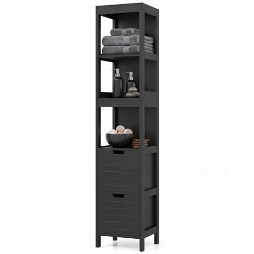 LIFEZEAL Hochschrank 145cm, Freistehender Badezimmerschrank mit 2 herausnehmbaren Schubladen, Standregal mit Fußpolster, Badschrank für Küche & Badezimmer, 30 x 30 x 145 cm (Schwarz)