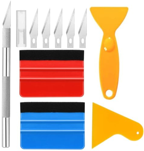 SMASOLO Kit Strumenti Pellicole Auto 10 Pezzi in Plastica e Acciaio Inox Spatole Raschietto Applicatore per Wrapping e Oscuramento Vetri Veicoli, Accessori per Installazione Pellicole
