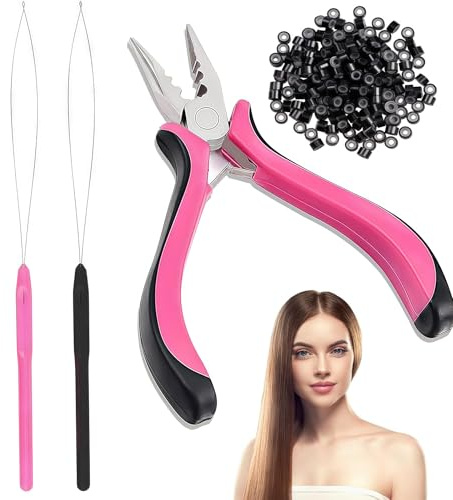 Nano Hair Extension Tools Kit,Hair Extension Pliers, Loop Threaders & 500PCS Silicone Lined Nano Beads (Black), Professional Nano Beads Hair Extensions Kit for Installation & Removal