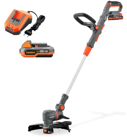 FUXTEC Recortadora de césped de batería de 20V FX-E1RT20PROSET • Desbrozadora eléctrica con batería y cargador • Ancho de corte 28 cm • Con mango telescópico y 2 velocidades • Cortador de bordes con