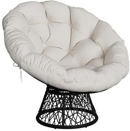 Garvee Ergonomischer Papasan Rattan-Drehsessel, 94 cm – 360° schwenkbar, Stabiler Stahlrahmen, 15 cm Dickes beiges Kissen, belastbar bis 160 kg, wetterfest – für Terrasse, Balkon & Wohnzimmer