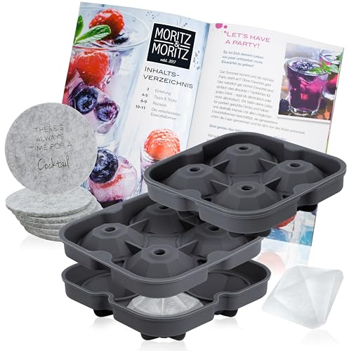 Moritz & Moritz Eiswürfelform Diamant 2er Set Silikon 8 Eisdiamanten | Eiswürfelbehälter je 13 x 13 cm für je 4 Diamanten, -20 bis +220 Grad, inkl. 6 Filz-Untersetzer und Rezeptheft