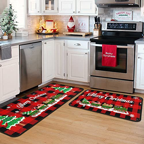 Christmas Kitchen Rugs and Mats Set (2 PCS), Merry Christmas Indoor Floor Mats Red Black Buffalo Check Plaid for Winter, Xmas Door Mat Runner Rug Mat for Kitchen Home Decor (17x47+17x30)