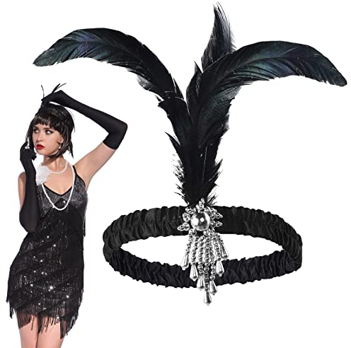 Copricapo Nero Con Piume Anni '20 - Fascia Per Flapper, Accessori Vintage, Cerchietto Con Cristallo Di Piume Per Capelli