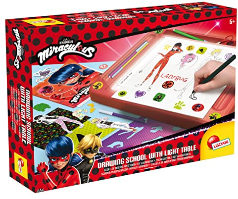 LISCIANI - MIRACULOUS - Kit de Dessins avec Tablette Lumineuse Lady Bug - Loisirs Créatifs pour Enfants dès 5 ans - Papier Calque +Modèles + Pochoirs + Feutres + Stickers pour Dessiner inclus