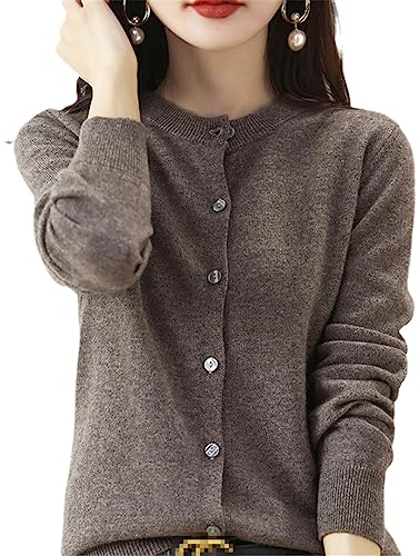 Bollrllr Women's Cashmere Cardigan Round Neck Sweater Spring Autumn Winter Long Sleeve Knitted Solid Color Soft Cardigan Sweater Coffee khaki9 M