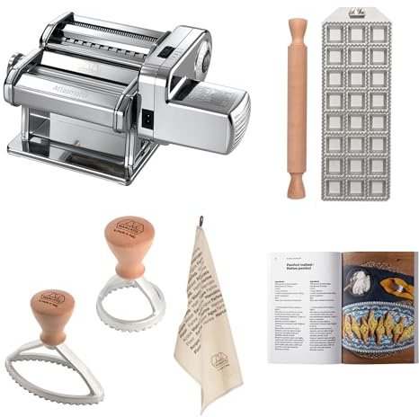 Nudel- und Ravioli-Zubereitungsset, Elektrische Pasta-Maschine Atlas 150 + Motor + Stempel für 24 Quadratische Ravioli (35 mm)+Nudelholz+Runder Stempel+Ovaler Stempel+Geschirrtuch+Rezeptbuch.