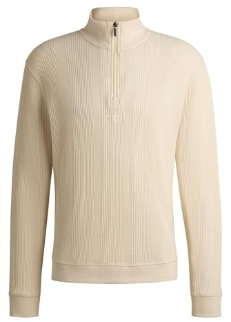 BOSS Men's Structure 1/4 Zip Cotton Blend Pullover with Waffle Structure and Troyer Collar, Open White131., S