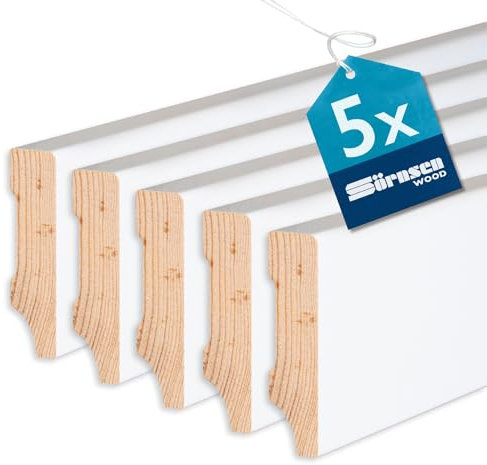 Sörnsen Wood Sockelleiste Kiefer – 16x58x2400 mm, 5 Stück hochwertige Fußleisten mit eckigem Weimarer Profil – weiß RAL 9016 lackiert und damit extra langlebig