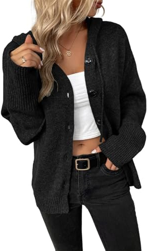 SWOAMER Damen Strickjacke mit Kapuze Knöpfen Herbst Winter Cardigan Langarm Kapuzenpullover Hoodie Casual Übergangsjacke Sweater Strickmantel