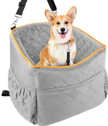 Vivifying Hunde Autositz für Kleine Hunde, Abnehmbare und Waschbare Hundesitzerhöhungen für Haustiere bis zu 11KG, erhöhtes Reisebett für das Auto mit Hundesitzgurten (Grau)