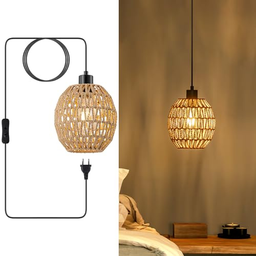 WILON Hängelampe mit Stecker, Rattan Hängeleuchte, Esstischlampe Hängend | Mit 4.5M Kabel, Fensterlampe zum Hängen, E27 Outdoor Hängend Lampe für Wohnzimmer Schlafzimmer Bar Garten Terrasse