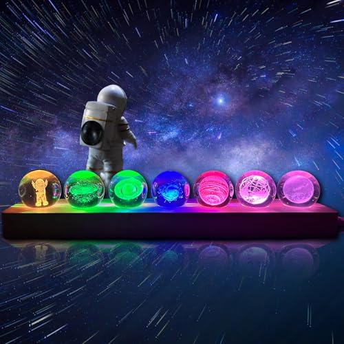 REDKNOT 7 Planet Kristallkugel Nachtlicht 3D Planeten Kristallkugeln Ornamente 40mm Glaskugel Leuchtende Planet Lampe mit LED-Holzsockel Astronomie Deko Geschenk für Valentinstag Weihnachts(Farbe)