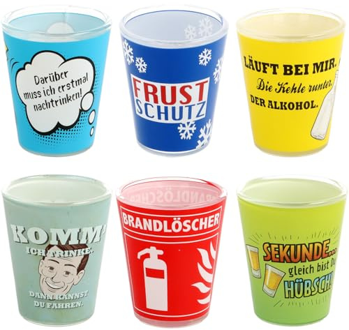 6 snapsglas med mönster och talesätt | roligt snapsglasset | shotglas-set | party-shots | roliga glas | drickspel | stamperl | tequilaglas | studentfest | nyårsafton | roligt födelsedagspresent (6