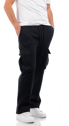 Pantaloni Uomo Tuta Cargo Baggy Fit Pantalone Felpato tasconi Caldo Cotone VEQUE (IT, Testo, L, Regular, Regular, Nero)