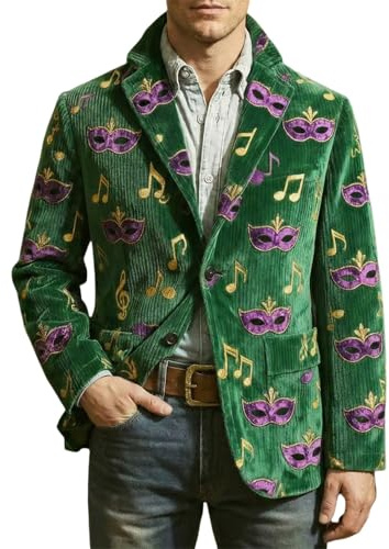 Zanisouta Chaqueta de traje para hombre, multicolor, chaqueta de pana con estampado de máscara, blazer, disfraz de carnaval, manga larga, deportiva, un botón, chaqueta para hombre, Mardi Gras, ocio
