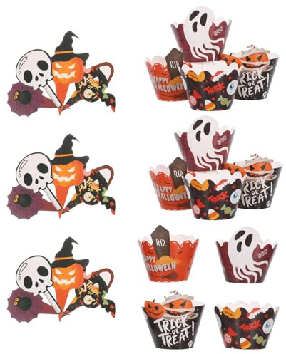BESPORTBLE Décorations D'halloween pour Cupcakes 48 Pièces – 2 Lots de Caissettes Papier Pics Citrouille, Fantôme, Chauve-souris et Araignée – Accessoires Festifs pour Pâtisserie et Fêtes