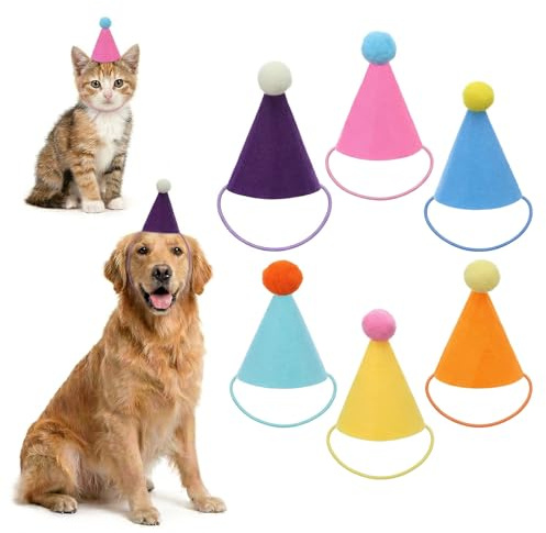 Hadnves 6 Stück Mini-Partyhüte für Kuscheltiere Geburtstagsparty Kegelhüte für Puppen Hunde Katzen Verschiedene Haustiere Tiergeburtstagsdekorationen wiederverwendbar Bunte Partyhüte