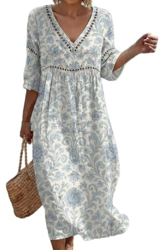Summer Dresses for Women UK Bohemian 3/4 Sleeve Print Dresses Casual Loose Fit Boho Dress Breathable Comfortable Friendly Elegant Style Holiday Beach Travel Everyday Wear