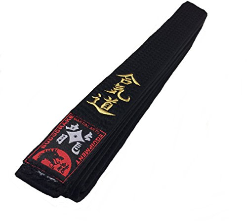 Budodrake Schwarzer Gürtel Bestickt Aikido, Schwarzgurt mit Goldener Schriftzeichen Bestickung (260)