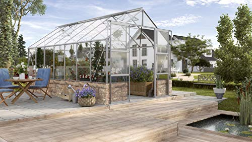 Gartenwelt Riegelsberger Gewächshaus Cassandra - Ausführung: 11500 ESG 3 mm Alu, Fläche: ca. 11,5 m², mit 4 Dachfenster, Sockel: 2,56 x 4,50 x 0,50 m